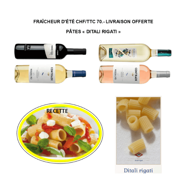 Box fraîcheur d'été avec les Ditali Rigati et 4 bouteilles de vins 75cl. (livraison offerte)