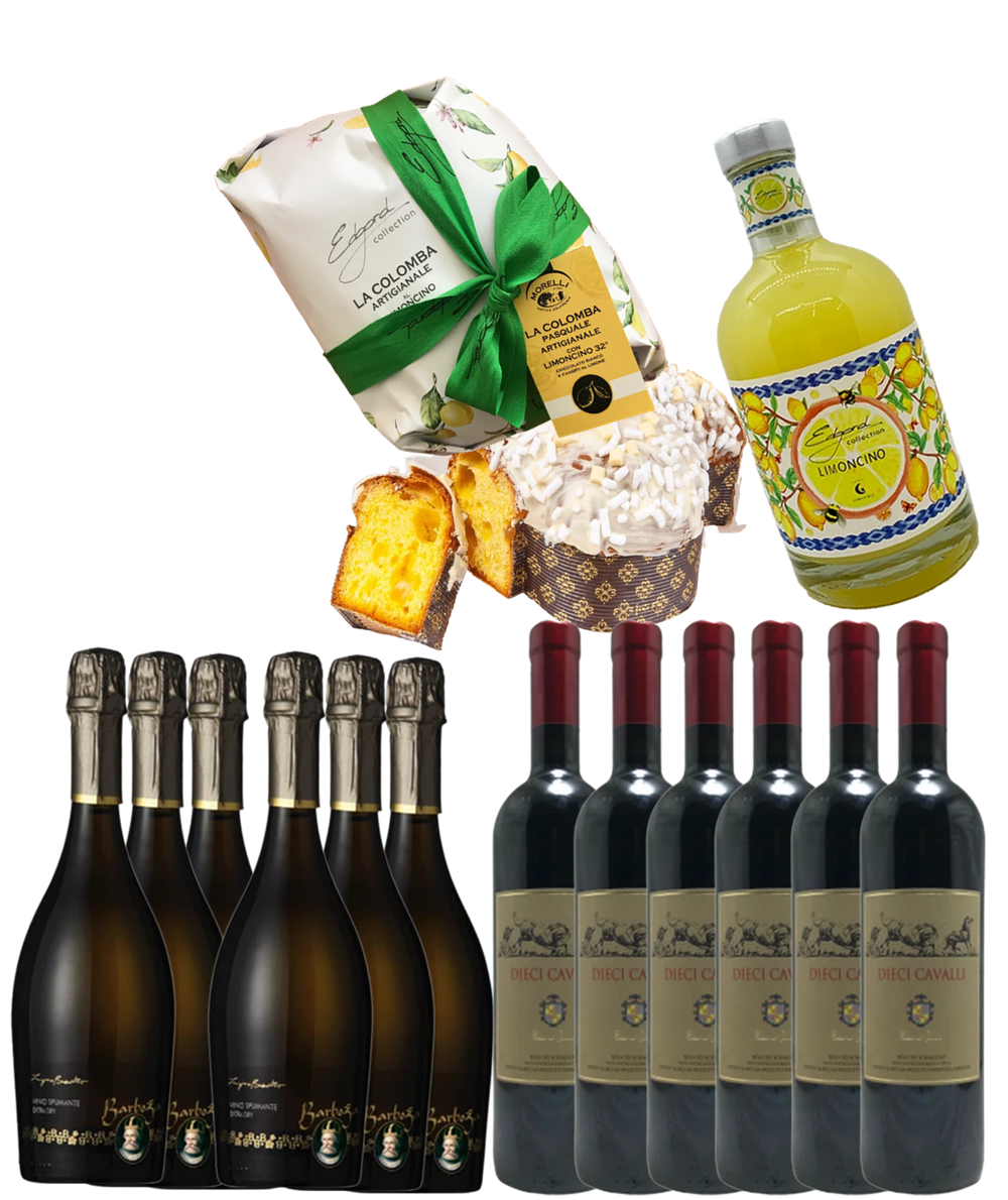 1 x Colombe 750 gr - 6 x Prosecco 75cl - 6 x Diecicavalli rouge 75cl - 1 x Limoncino 50cl